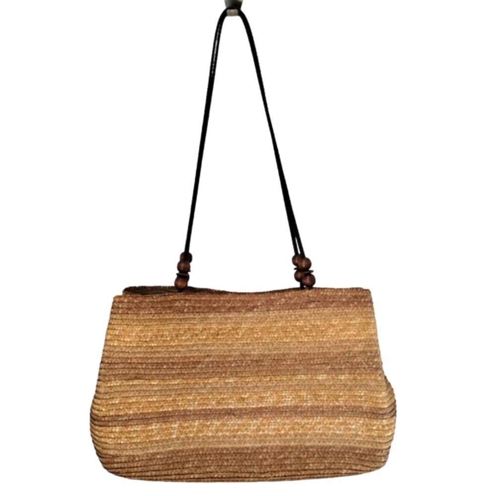 Vintage Y2K Straw Shoulder Bag Striped Wheat Woven Boho Beaded Purse Tote